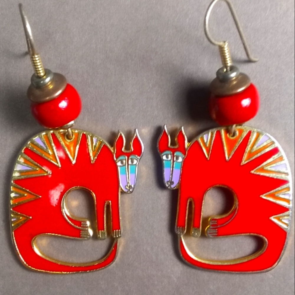 Rare Laurel Burch Aardvark Red Enamel Vintage '80's Earrings